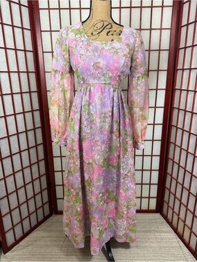 Vintage 70s Long Sleeve Purple Pink Floral Fairy Whimsical Maxi Dress